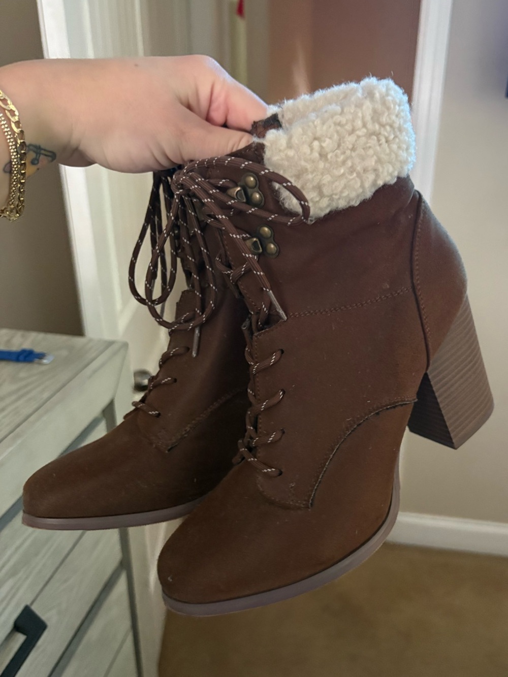 Women's Brown Suede Lace-Up Bootie with Sherpa Collar